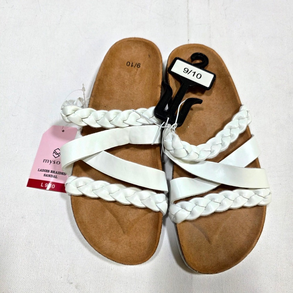Mysoft Braided Sandal Ladies 9/10 White Slide Strappy Comfort Summer Beach Shoes